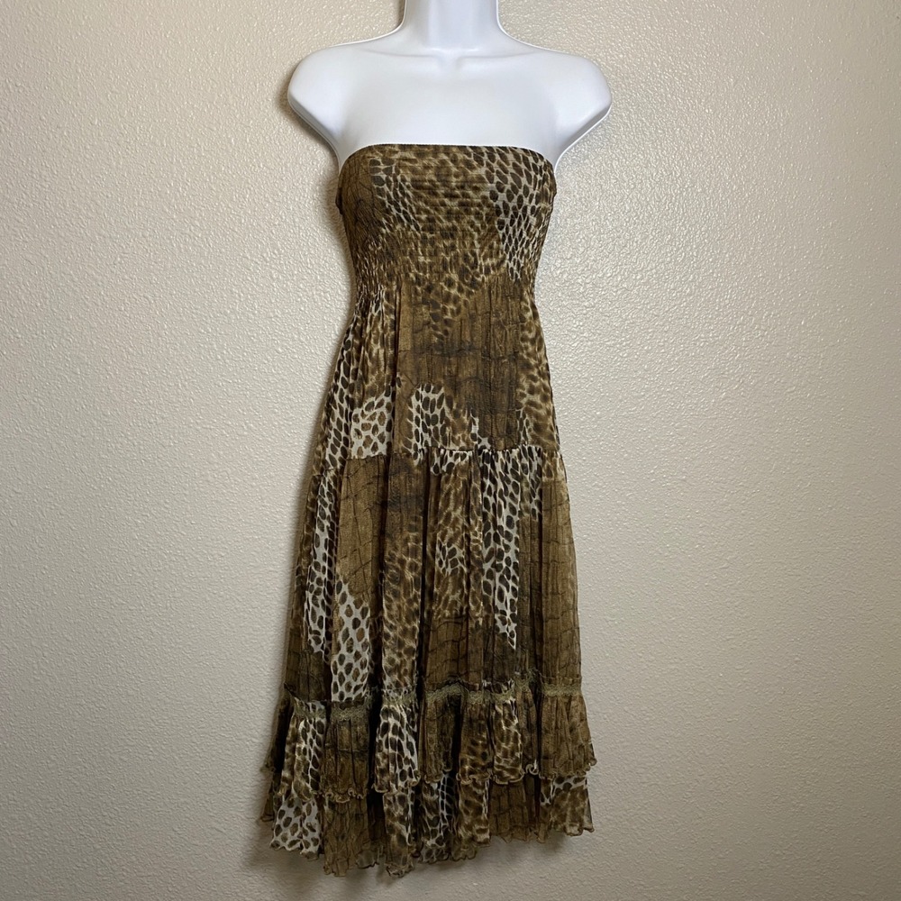 Lapis Animal Print Brown Mini Dress L Ruffle Fairycore Fairy Grunge Bohemian